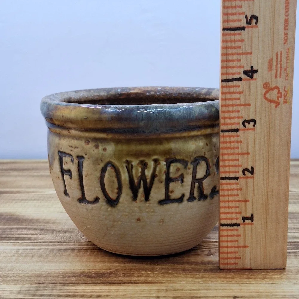 Mini Ceramic‎ Flower Pot Green Glazed Ring On Tan 3.5